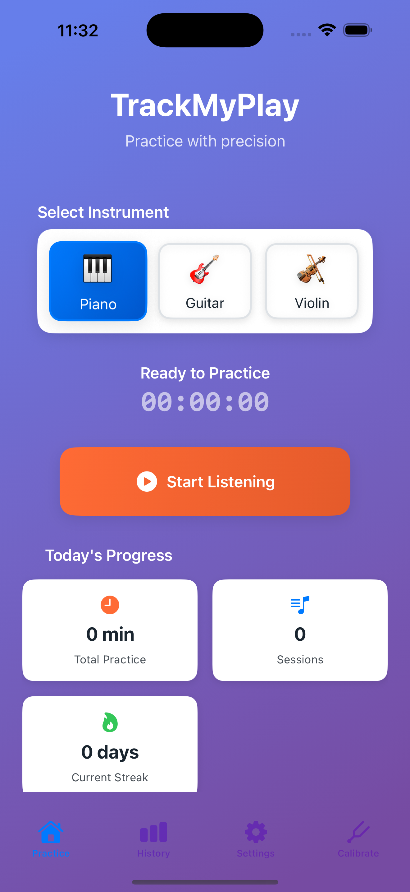 TrackMyPlay main screen showing instrument selection